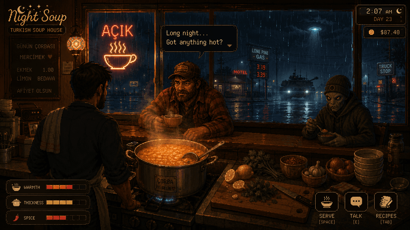 Night Soup scene inside a warm diner on a rainy Oregon night