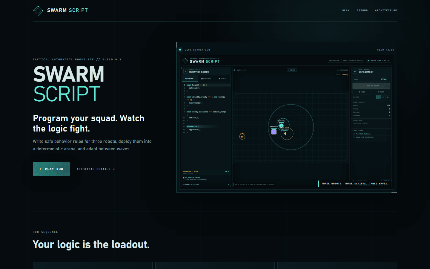Swarm Script interface with behavior editor, tactical arena, and deployment controls