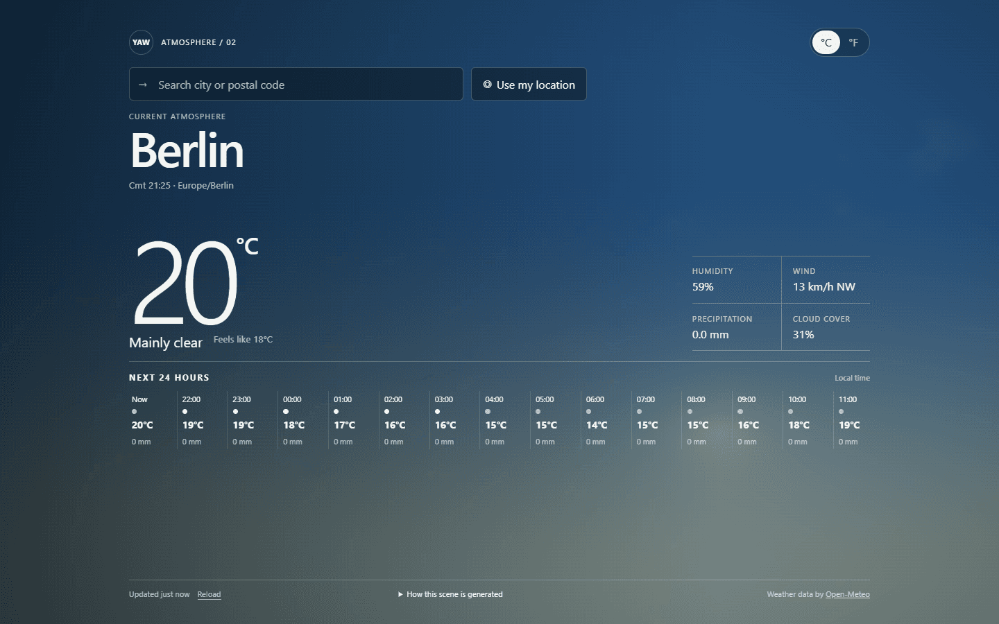 Berlin forecast rendered as a blue WebGL atmosphere